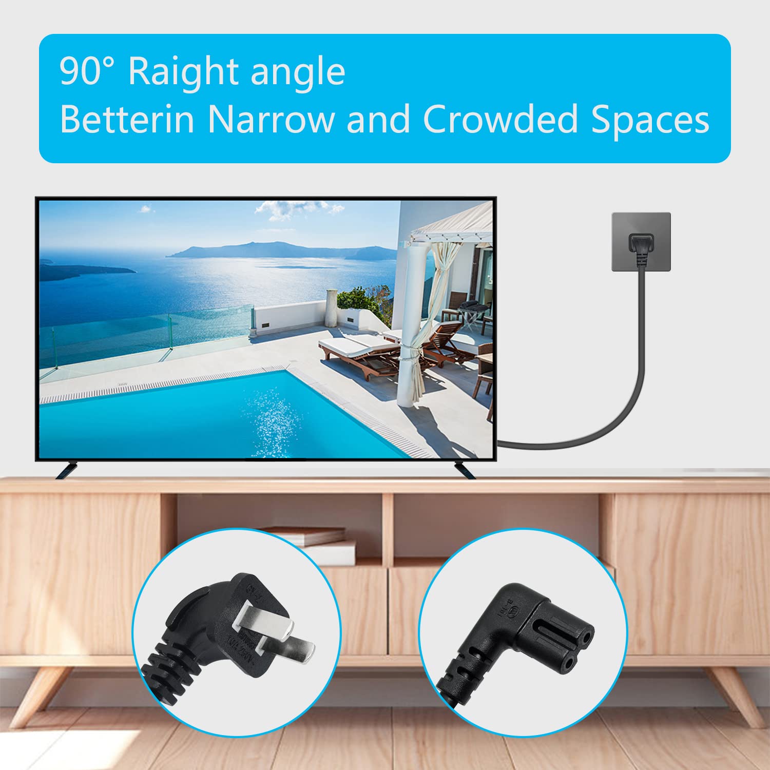 Amazon | TV電源コード 2m/6.56フィート ケーブル 90度 直角 2プロング